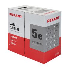 Кабель витая пара U/UTP, CAT5e, PVC, 4PR, 24AWG, внутренний, серый, бухта 305 м REXANT
