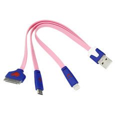 USB 3 в 1 кабель Lightning/30pin/micro USB/PVC/flat/pink/0,15m/REXANT